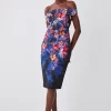 Buy 🔔 Karen Millen Italian Structured Stretch Midnight Floral Bardot Midi 👗 Dress 🌟