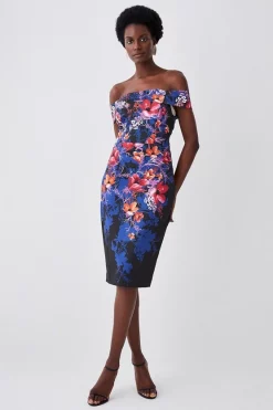 Buy π Karen Millen Italian Structured Stretch Midnight Floral Bardot Midi π Dress π