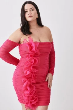 Best Pirce π Karen Millen Plus Size Ponte Mesh Rouched Organza Frill Bardot Mini π Dress π