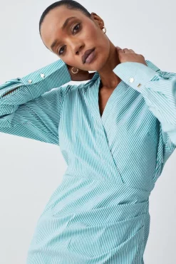New 🤩 Karen Millen Cotton Stripe Wrap Detail Mini 👕 Shirt 👗 Dress ✔️ -Dresses Sales Store bkk08249 green xl 2