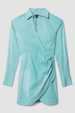 New 🤩 Karen Millen Cotton Stripe Wrap Detail Mini 👕 Shirt 👗 Dress ✔️ -Dresses Sales Store bkk08249 green xl 3