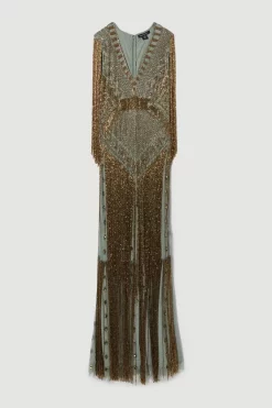 Deals 🤩 Karen Millen Petite Beaded Fringed Woven Maxi 👗 Dress 👍 -Dresses Sales Store bkk08261 sage xl 3