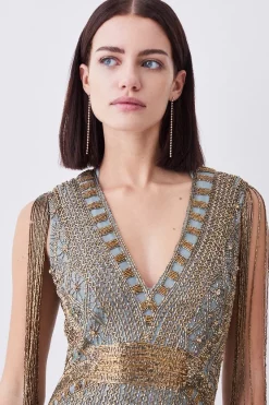 Deals 🤩 Karen Millen Petite Beaded Fringed Woven Maxi 👗 Dress 👍 -Dresses Sales Store bkk08261 sage xl 4