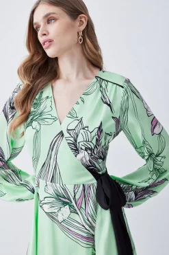 Buy 🎉 Karen Millen Floral 🔨 Hammered Satin Woven Wrap Midi 👗 Dress 😉 -Dresses Sales Store bkk08266 green xl 1