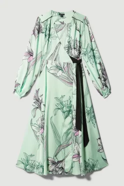 Buy 🎉 Karen Millen Floral 🔨 Hammered Satin Woven Wrap Midi 👗 Dress 😉 -Dresses Sales Store bkk08266 green xl 3
