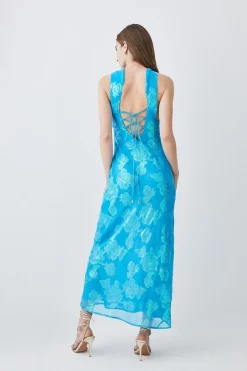 Buy 😉 Karen Millen Metallic Iridescent Halter Column Midi 👗 Dress 🤩 -Dresses Sales Store bkk08288 blue xl 2
