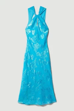 Buy 😉 Karen Millen Metallic Iridescent Halter Column Midi 👗 Dress 🤩 -Dresses Sales Store bkk08288 blue xl 3