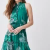 Best Sale 🔥 Karen Millen Floral Bloom Shirred Halter Woven Mini 👗 Dress 😉 -Dresses Sales Store bkk08313 green xl