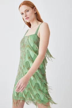 Top 10 😉 Karen Millen Square Neck Embellished Fringed Mini 👗 Dress 🌟 -Dresses Sales Store bkk08390 green xl 4
