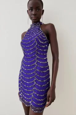 Coupon 😉 Karen Millen Tall Draped Beaded High Neck Mini 👗 Dress ⌛
