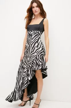 Discount 💯 Karen Millen Zebra Printed High Low Ruffle Maxi 👗 Dress ✨ -Dresses Sales Store womens animal zebra printed high low ruffle maxi dress