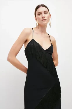 Flash Sale ⌛ Karen Millen Asymmetric Fringe Strappy Cami Midi 👗 Dress 🥰 -Dresses Sales Store womens black asymmetric fringe strappy cami midi dress