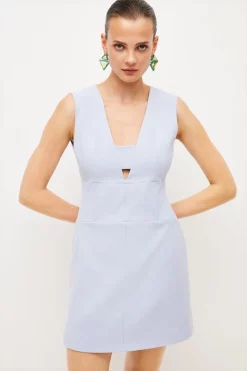 Cheapest 🔥 Karen Millen Compact Stretch Satin Panel Mini 👗 Dress 🎉 -Dresses Sales Store womens black compact stretch satin panel mini dress 1 1