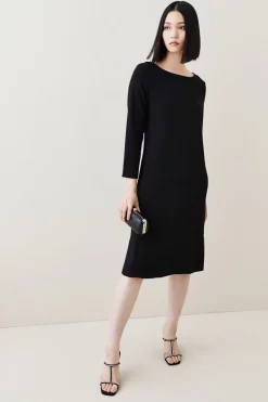 Cheapest 👏 Karen Millen Compact Stretch Viscose Sleeved Clean Midi 👗 Dress ❤️ -Dresses Sales Store womens black compact stretch viscose sleeved clean midi dress