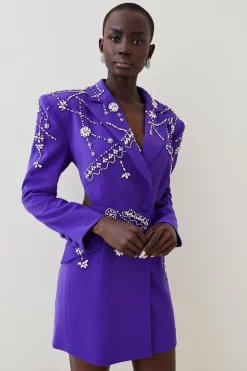 Best Sale 🥰 Karen Millen Crystal Embellished Cady Blazer 👗 Dress 🔔 -Dresses Sales Store womens black crystal embellished cady blazer dress