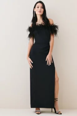 Top 10 😍 Karen Millen Feather Bardot Stretch Crepe Maxi 👗 Dress 😉 -Dresses Sales Store womens black feather bardot stretch crepe maxi dress 1 2