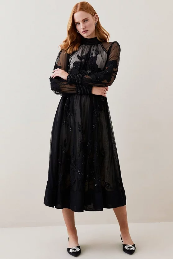 Hot Sale 😍 Karen Millen Lydia Millen Tall Floral Applique Mesh Woven Midi 👗 Dress ✨ 7 Hot Sale 😍 Karen Millen Lydia Millen Tall Floral Applique Mesh Woven Midi 👗 Dress ✨ - Image 5