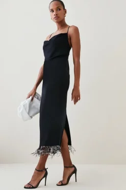 Outlet ✨ Karen Millen Mono Feather Hem Cowl Neck Cami Midaxi 👗 Dress 😀 -Dresses Sales Store womens black mono feather hem cowl neck cami midaxi dress