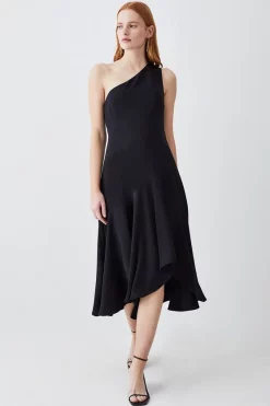 Outlet 🎉 Karen Millen One Shoulder Soft Tailored High Low Midi 👗 Dress 😍 -Dresses Sales Store womens black one shoulder soft tailored high low midi dress 1 2