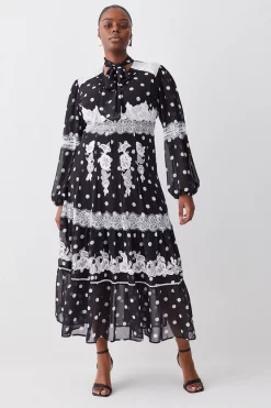 Budget 🤩 Karen Millen Plus Size Polka Dot Mix Lace & Embroidery Maxi 👗 Dress 😉 -Dresses Sales Store womens black plus size polka dot mix lace embroidery maxi dress