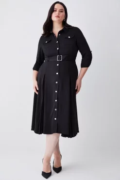 Best Sale 😍 Karen Millen Plus Size Soft Tailored Pleat Panel Sleeved Belted Midi 👗 Dress 🌟 -Dresses Sales Store womens black plus size soft tailored pleat panel sleeved belted midi dress 1 1