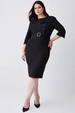 Deals 🛒 Karen Millen Plus Size Structured Crepe Strong Shoulder Midi 👗 Dress ⌛ -Dresses Sales Store womens black plus size structured crepe strong shoulder midi dress