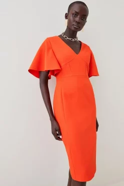 Outlet 🛒 Karen Millen Structured Crepe Angel Sleeve Pencil Midi 👗 Dress 😍 -Dresses Sales Store womens black structured crepe angel sleeve pencil midi dress