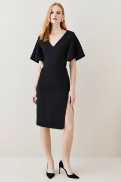 Outlet 🛒 Karen Millen Structured Crepe Angel Sleeve Pencil Midi 👗 Dress 😍 -Dresses Sales Store womens black structured crepe angel sleeve pencil midi dress 1 1