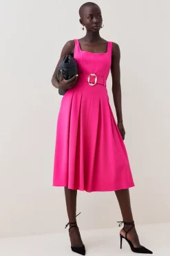 Hot Sale 👏 Karen Millen Structured Crepe Belted Pleat Midi 👗 Dress 🧨 -Dresses Sales Store womens black structured crepe belted pleat midi dress 1