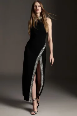 Promo 🥰 Karen Millen Tall Crystal Embellished Woven Maxi 👗 Dress 🤩 -Dresses Sales Store womens black tall crystal embellished woven maxi dress