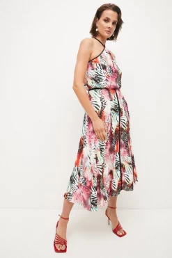 Promo 🔥 Karen Millen Animal Viscose Crepe Halter Woven Maxi 💯 -Dresses Sales Store womens blue animal viscose crepe halter woven maxi
