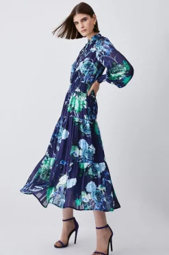 Brand new 🎁 Karen Millen Floral Shirred Detail Woven Maxi 👗 Dress 💯 -Dresses Sales Store womens blue floral shirred detail woven maxi dress