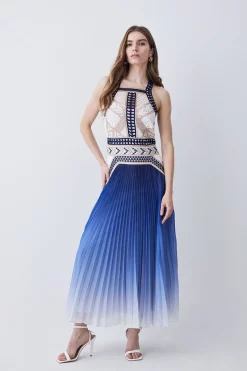Hot Sale 😉 Karen Millen Geo Guipure Metallic Woven Pleat Midi 💯 -Dresses Sales Store womens blue geo guipure metallic woven pleat midi