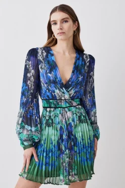 Coupon 👍 Karen Millen Mirrored Ombre Floral Pleat Drama Woven Mini 👗 Dress ⌛ -Dresses Sales Store womens blue mirrored ombre floral pleat drama woven mini dress