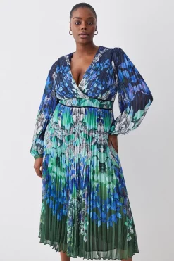 Discount 🔥 Karen Millen Plus Size Mirrored Ombre Floral Pleat Drama Woven Midi 👗 Dress ⌛ -Dresses Sales Store womens blue plus size mirrored ombre floral pleat drama woven midi dress