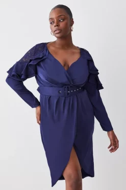 Buy 👍 Karen Millen Plus Size Satin And Lace Ruffle Woven Midi 👗 Dress 🔥 -Dresses Sales Store womens blue plus size satin and lace ruffle woven midi dress