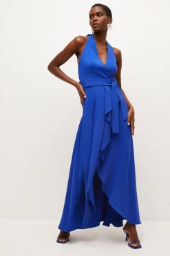 Cheapest 🌟 Karen Millen Soft Tailored Waterfall Halter Maxi 👗 Dress 👍 -Dresses Sales Store womens blue soft tailored waterfall halter maxi dress 2