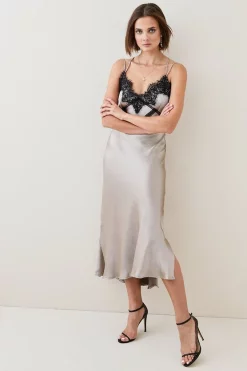 Discount ✔️ Karen Millen Textured Satin Lace Trim Woven Maxi Slip 👗 Dress 🎉 -Dresses Sales Store womens blue textured satin lace trim woven maxi slip dress 1