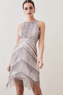 Best Sale 🔥 Karen Millen Petite Embellished Halter Fringed Mini 👗 Dress ❤️ -Dresses Sales Store womens blush petite embellished halter fringed mini dress