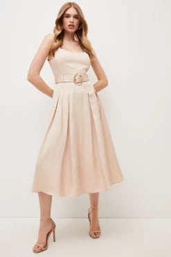 Buy 🤩 Karen Millen Premium Polished Linen Belted Pleat Midi 👗 Dress 👏 -Dresses Sales Store womens blush premium polished linen belted pleat midi dress