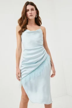 Hot Sale 🔔 Karen Millen Satin Crepe Cowl Neck Feather Cami Midi 👗 Dress 🤩 -Dresses Sales Store womens blush satin crepe cowl neck feather cami midi dress 1