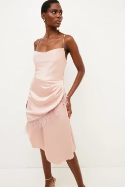 Hot Sale 🔔 Karen Millen Satin Crepe Cowl Neck Feather Cami Midi 👗 Dress 🤩 -Dresses Sales Store womens blush satin crepe cowl neck feather cami midi dress