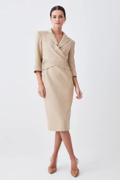 Cheapest 🎉 Karen Millen Petite Compact Crepe Wrap Waist Pencil Midi 👗 Dress ⭐ -Dresses Sales Store womens camel petite compact crepe wrap waist pencil midi dress