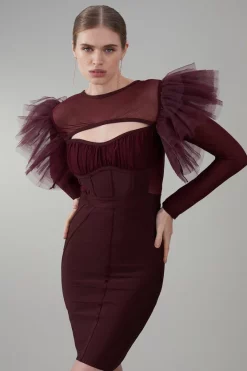 Flash Sale 🌟 Karen Millen Bandage Cut Out Mesh Tulle Frill Mini 👗 Dress 🧨 -Dresses Sales Store womens chocolate bandage cut out mesh tulle frill mini dress