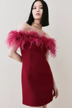 Cheap 👍 Karen Millen Boucle Feather Bardot Mini 👗 Dress ✔️ -Dresses Sales Store womens cobalt boucle feather bardot mini dress 1 1