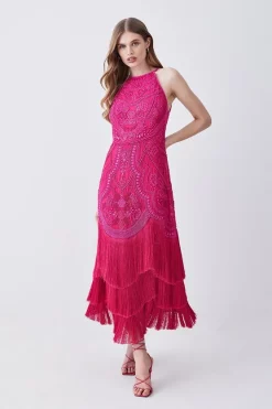 Outlet 🛒 Karen Millen Fringed Beaded Woven Midi 👗 Dress 🔥 -Dresses Sales Store womens coral fringed beaded woven midi dress 1