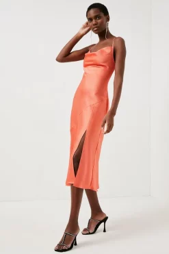 Budget 😍 Karen Millen 🔨 Hammered Satin Cowl Neck Woven Slip 👗 Dress ❤️ -Dresses Sales Store womens coral hammered satin cowl neck woven slip dress