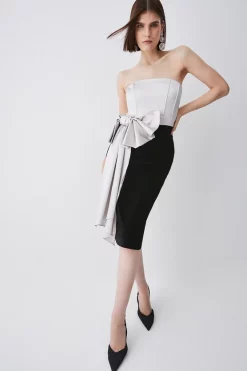 Cheapest 🔔 Karen Millen Italian Structured Satin Bandeau Bow Detail Pencil Midi 👗 Dress 👍 -Dresses Sales Store womens coral20pink italian structured satin bandeau bow detail pencil midi dress