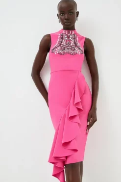 Brand new 😍 Karen Millen Embellished Ruffle Figure Form Crepe Midi 👗 Dress 😉 -Dresses Sales Store womens cream embellished ruffle figure form crepe midi dress 1