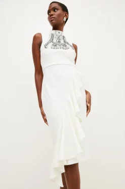 Brand new 😍 Karen Millen Embellished Ruffle Figure Form Crepe Midi 👗 Dress 😉 -Dresses Sales Store womens cream embellished ruffle figure form crepe midi dress